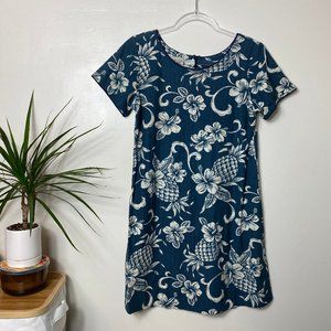 Island Vintage Blue Hawaiian Print Mini Dress